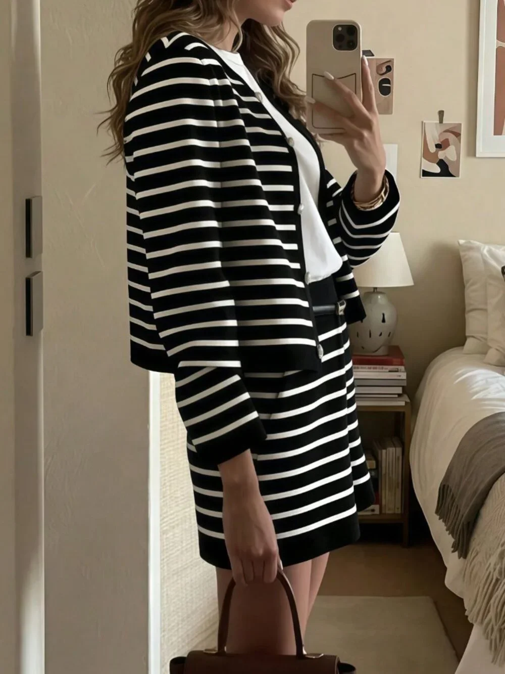 Black Elegant Women's Striped Blend Tweed Jacket & Knit Shorts 2-Piece Set